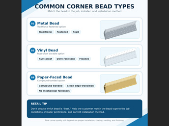 Home Drywall corner bead training infographic for building-supply and hardware retail staff.